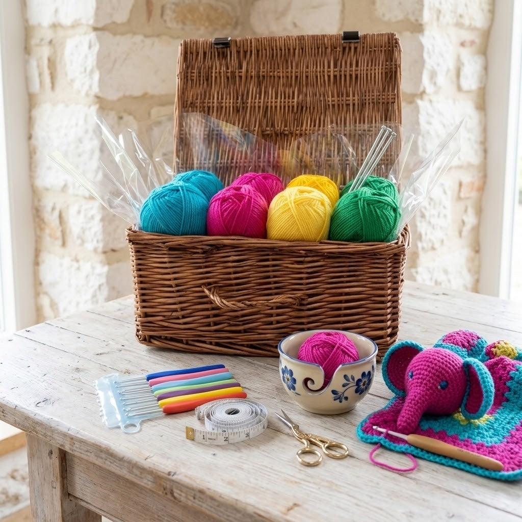 A wicker gift basket filled with colorful balls of yarn sits on a rustic wooden table, surrounded by knitting and crochet supplies including a crochet hook, scissors, a measuring tape, and a crocheted elephant toy.
