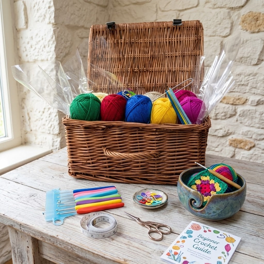 A wicker basket filled with colourful balls of yarn and a crochet hook set, displayed on a rustic wooden table against a white stone wall. A crochet hook guidebook, scissors, tape, and a small bowl are arranged in front.