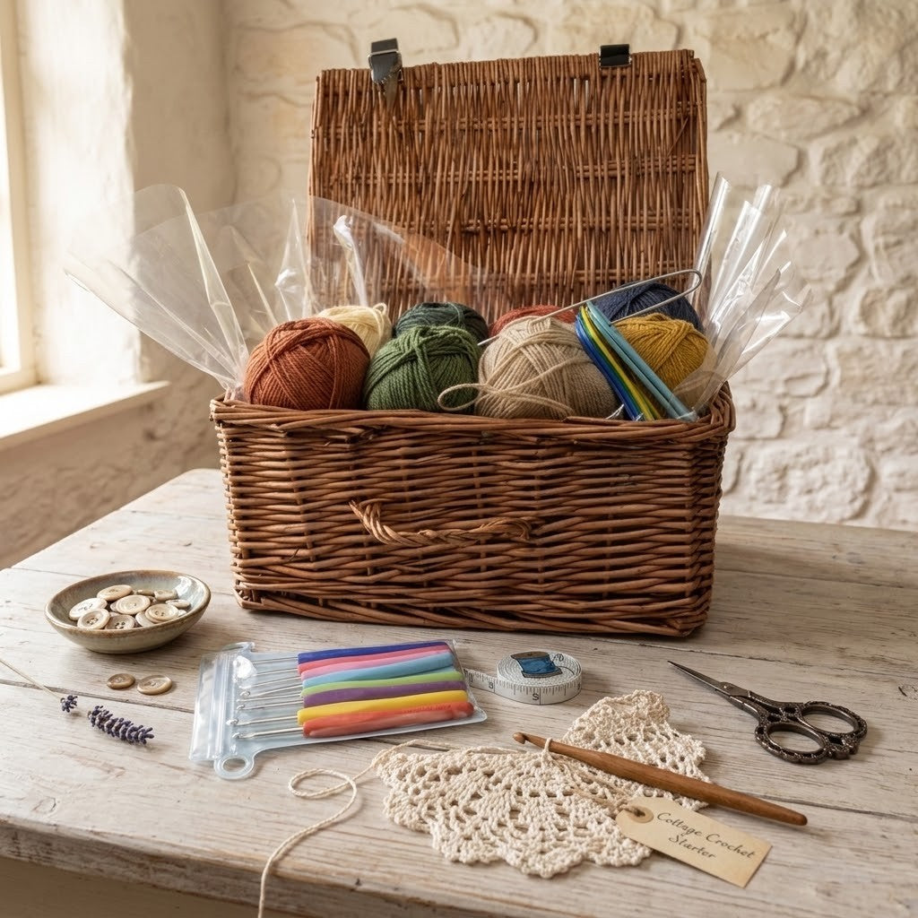 A wicker gift basket filled with balls of yarn and wrapped in clear cellophane, placed on a rustic wooden table with crochet and knitting supplies including scissors, thread, lace, a wooden tool, and small decorative items. The background shows a light stone wall and a window.