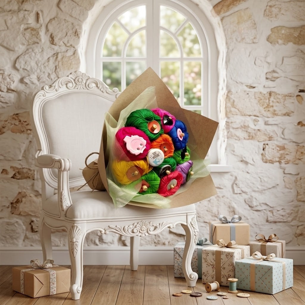 A colourful bouquet made from yarn wrapped in brown paper and light green tissue, displayed on an ornate white armchair in a rustic room with a stone wall and arched window. Several gift boxes are arranged on the floor nearby.