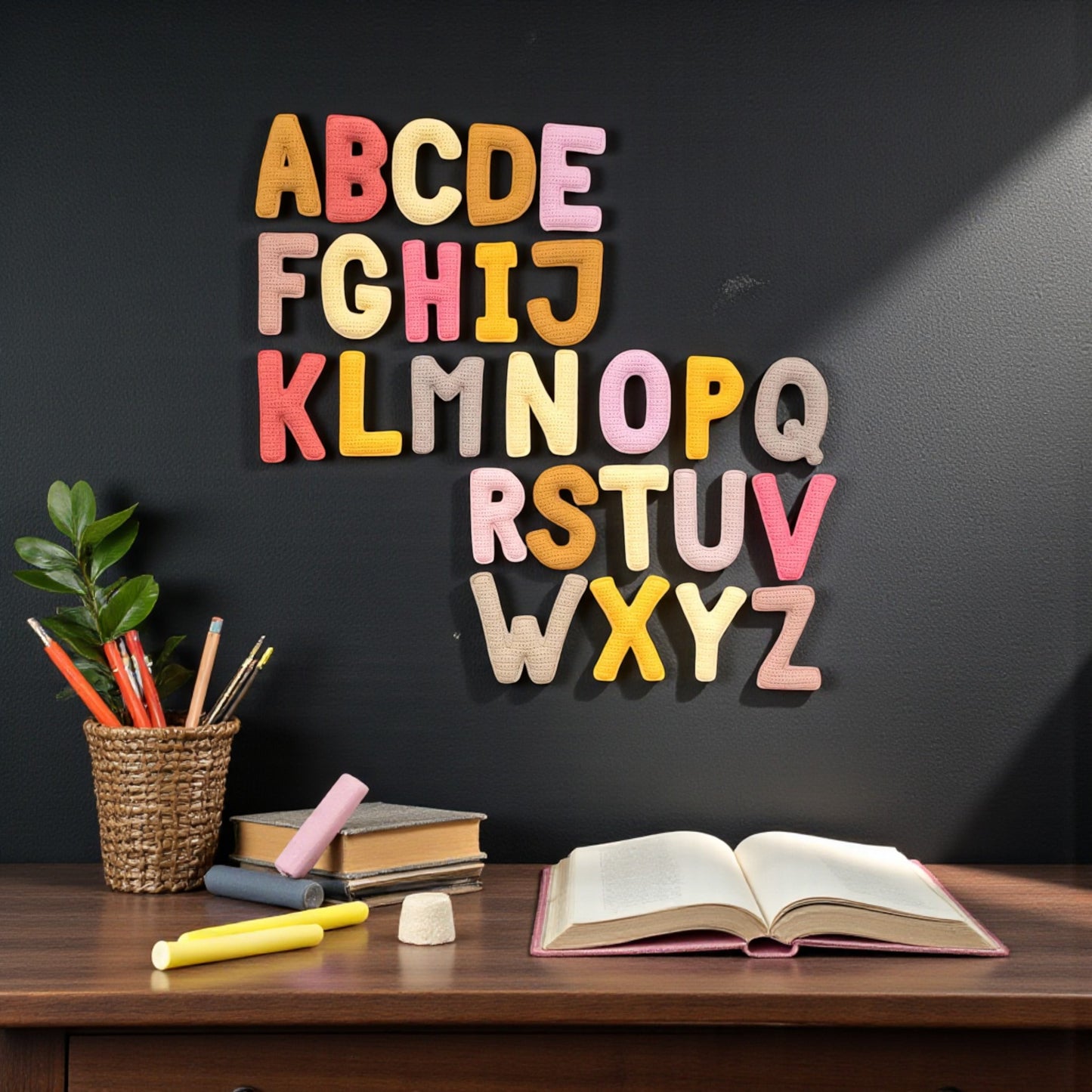 Colourful crochet letters on a dark wall with stationery items on a desk.