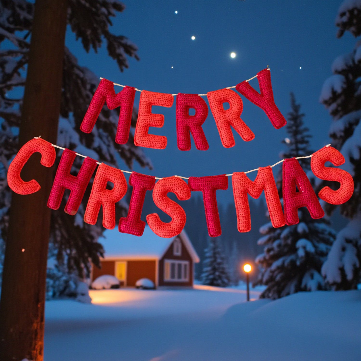 crochet letters saying 'Merry Christmas' hanging as a banner in a snowy landscape with a house and trees.