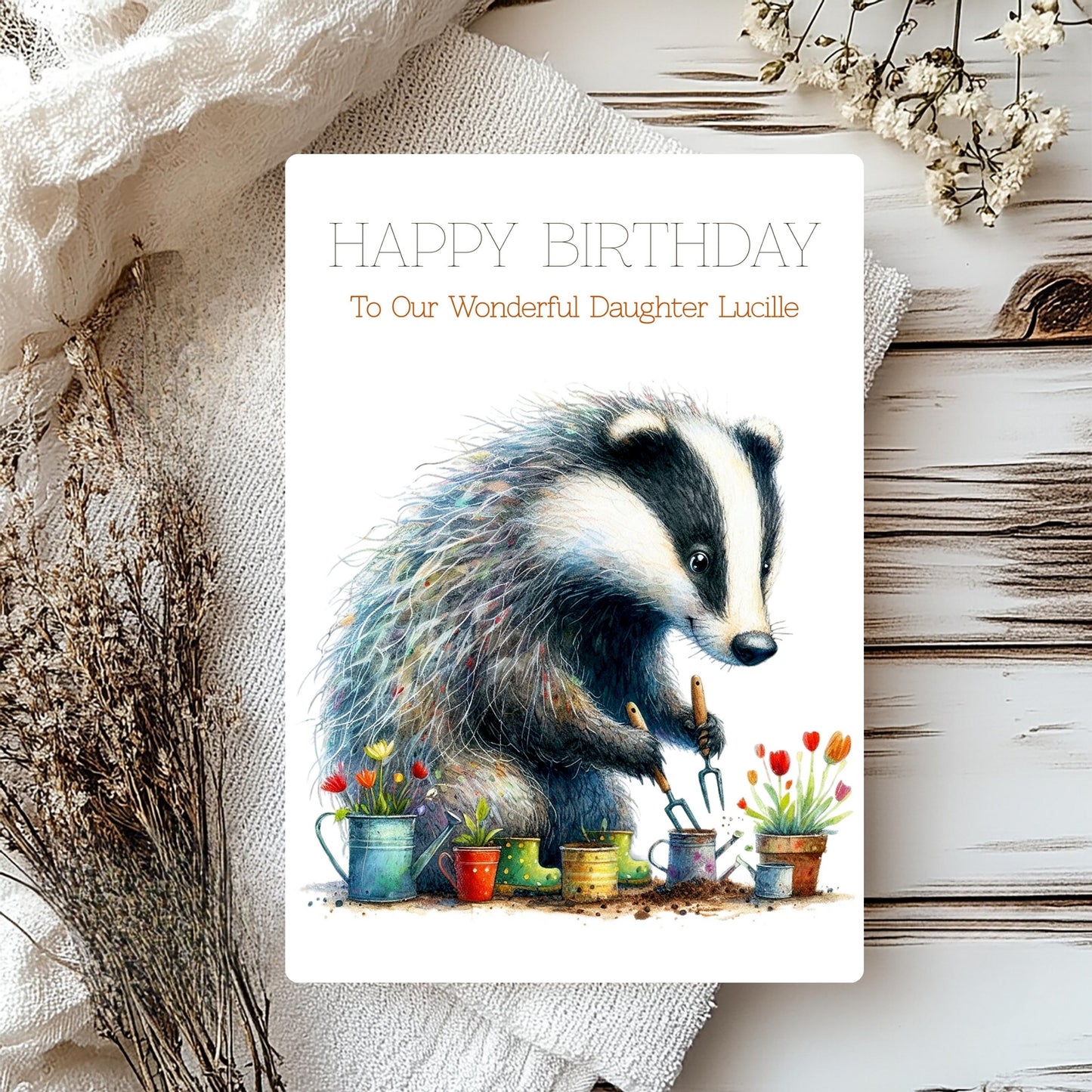 Birthday card with badger illustration and personalised text on a decorative background