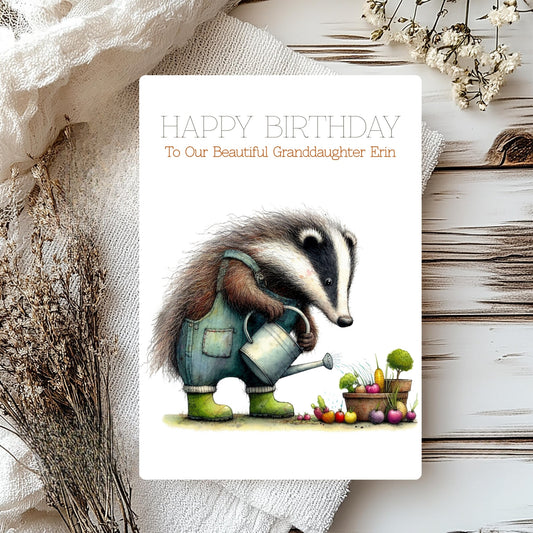 Birthday card with badger illustration watering plants on a rustic background