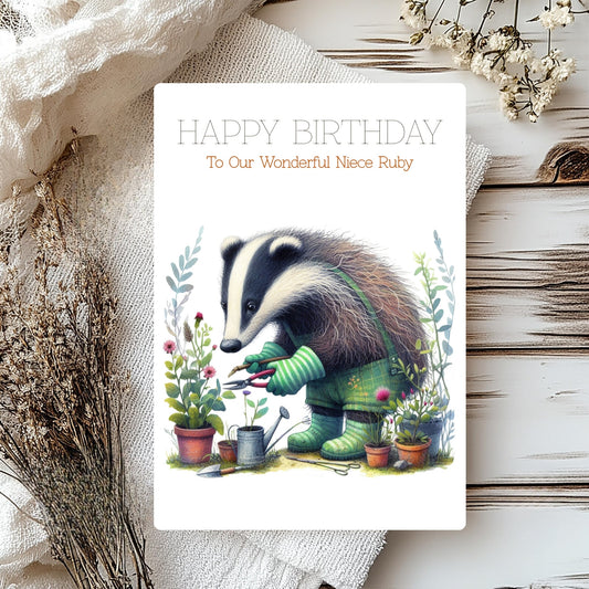 Custom Badger Card for Niece – Personalised Woodland Greeting