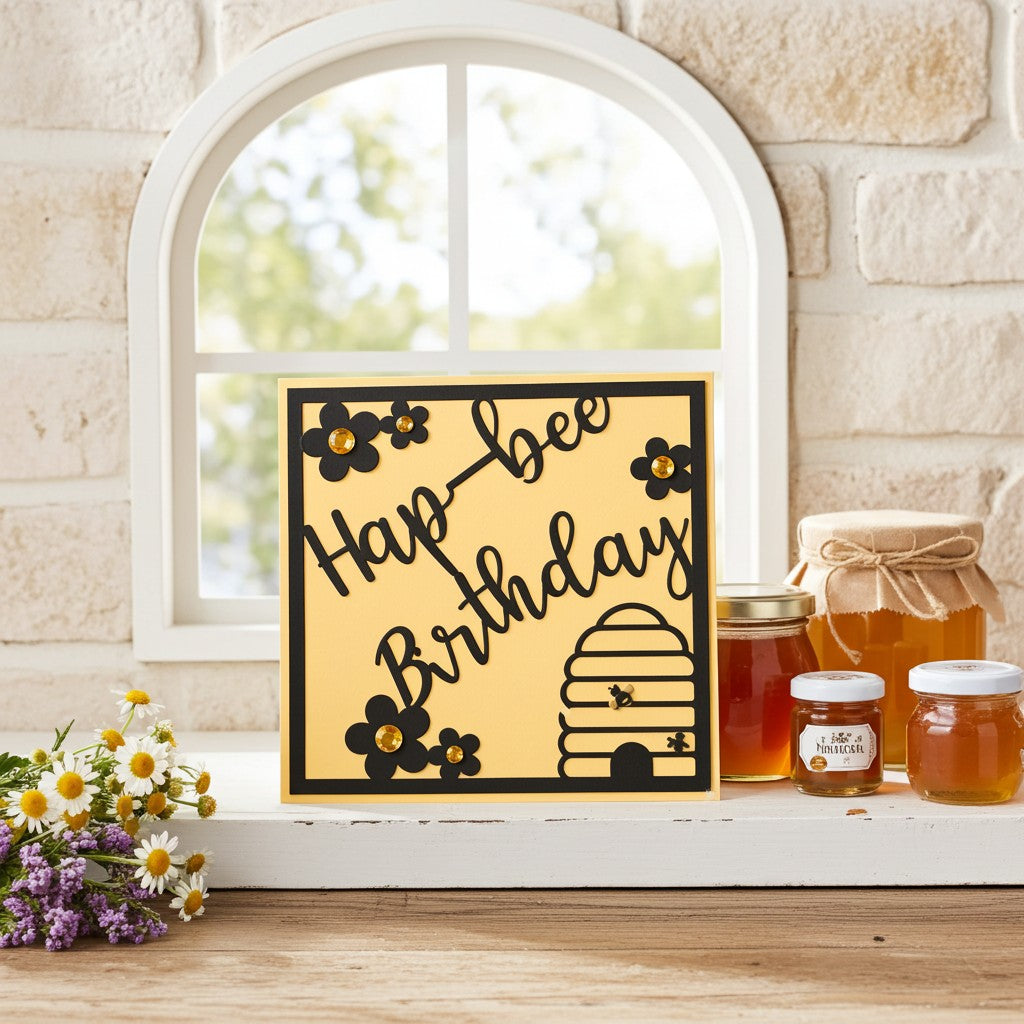 A square decorative card reading “Hap–bee Birthday” with black floral and bee illustrations on a pale yellow background, styled on a wooden surface in front of a white arched window. Honey jars, daisies, and purple flowers are nearby, and the backdrop is a light stone wall.