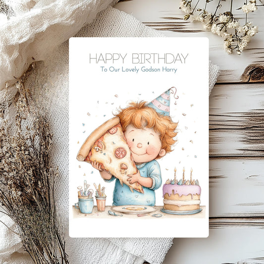 Birthday card with illustration of a child holding a pizza, surrounded by flowers and fabric.