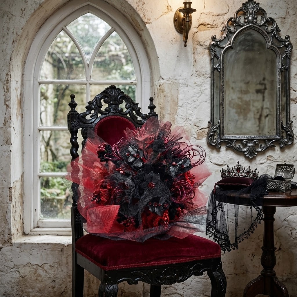 A gothic-style decorative floral arrangement in red and black mesh and faux flowers, displayed on an ornate dark wooden chair in a stone room with a window, wall sconce, and mirror.