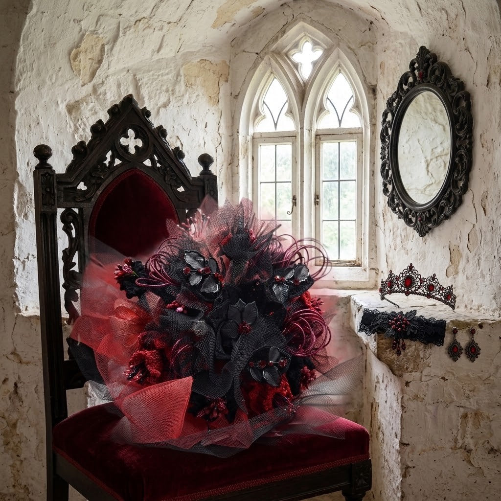 A gothic-themed floral arrangement in black and deep red mesh, displayed on a dark wooden throne chair in a stone room with an arched window and wall mirror.
