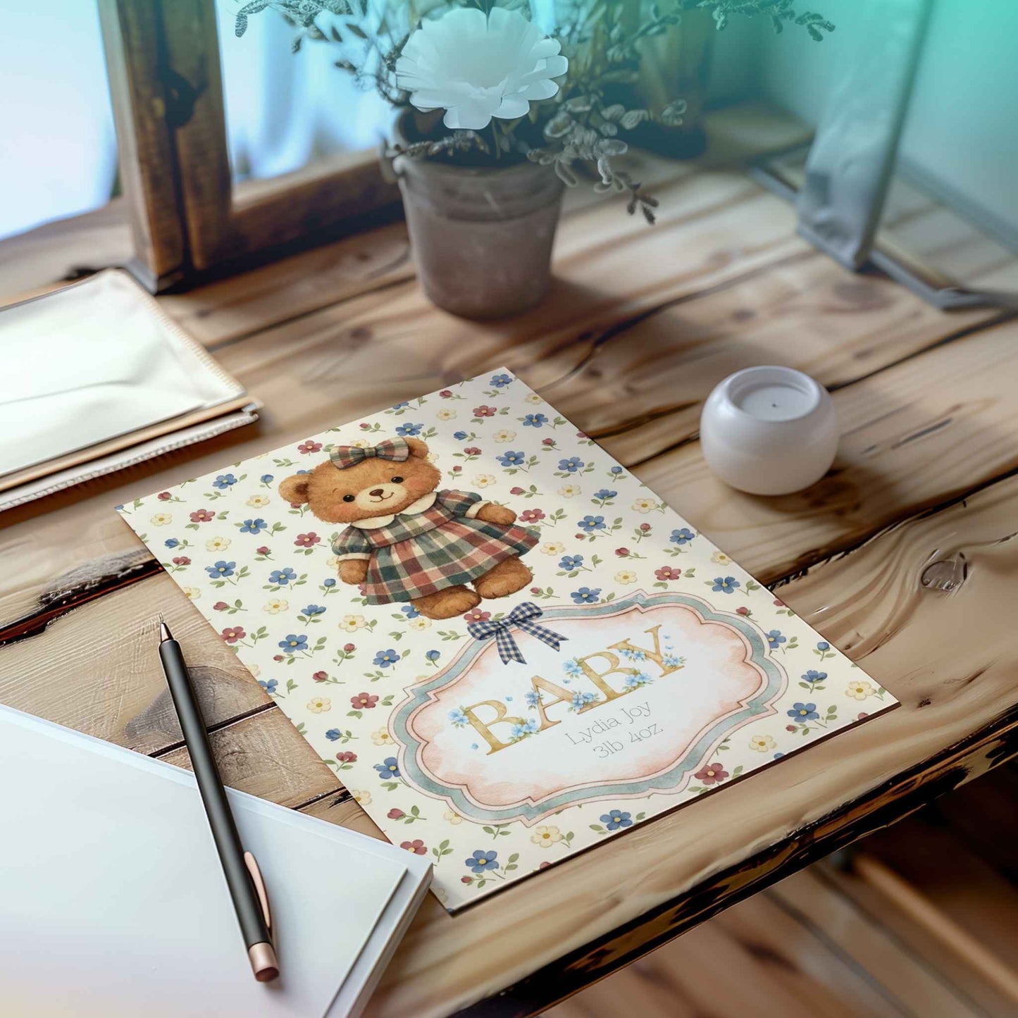 Personalised Newborn Baby Girl Card – Custom Name & Birth Weight