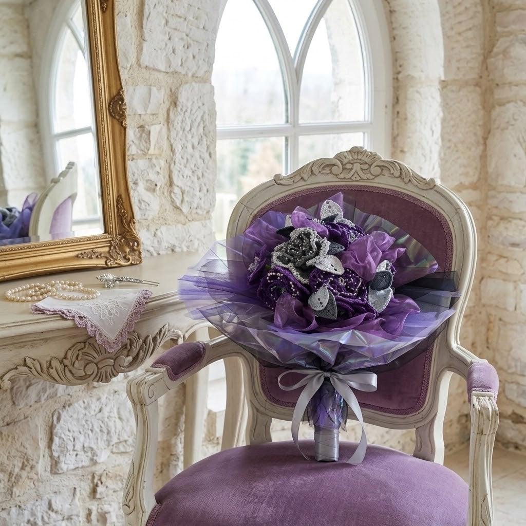 A purple and grey floral bouquet wrapped in sheer purple tissue paper and tied with a gray ribbon, displayed on a purple upholstered chair in a stone room with a mirror and table in the background.