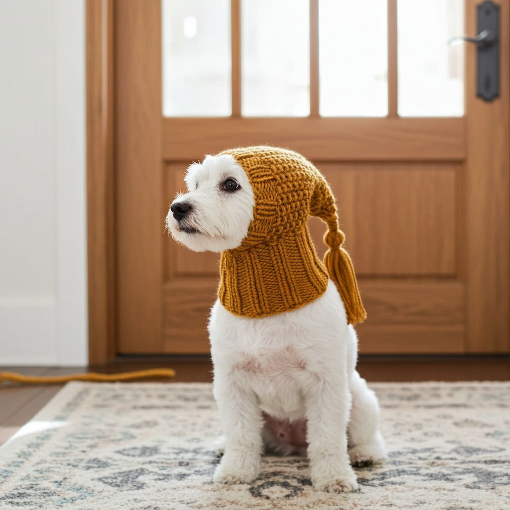 A small white dog wearing a mustard yellow knit pointed hat sits on a patterned rug in front of a wooden door.