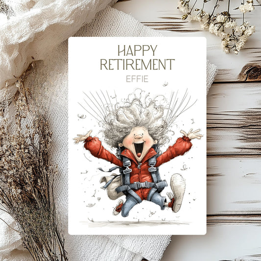 Happy Retirement card with a character in a red jacket and gray pants on a wooden surface with flowers.