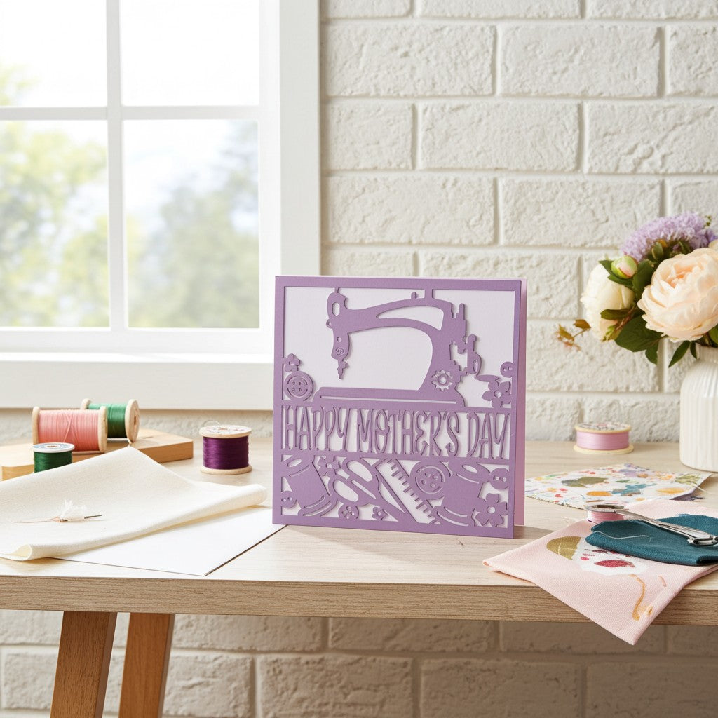 Purple 'Happy Mother's Day' card with sewing machine design on a wooden table.