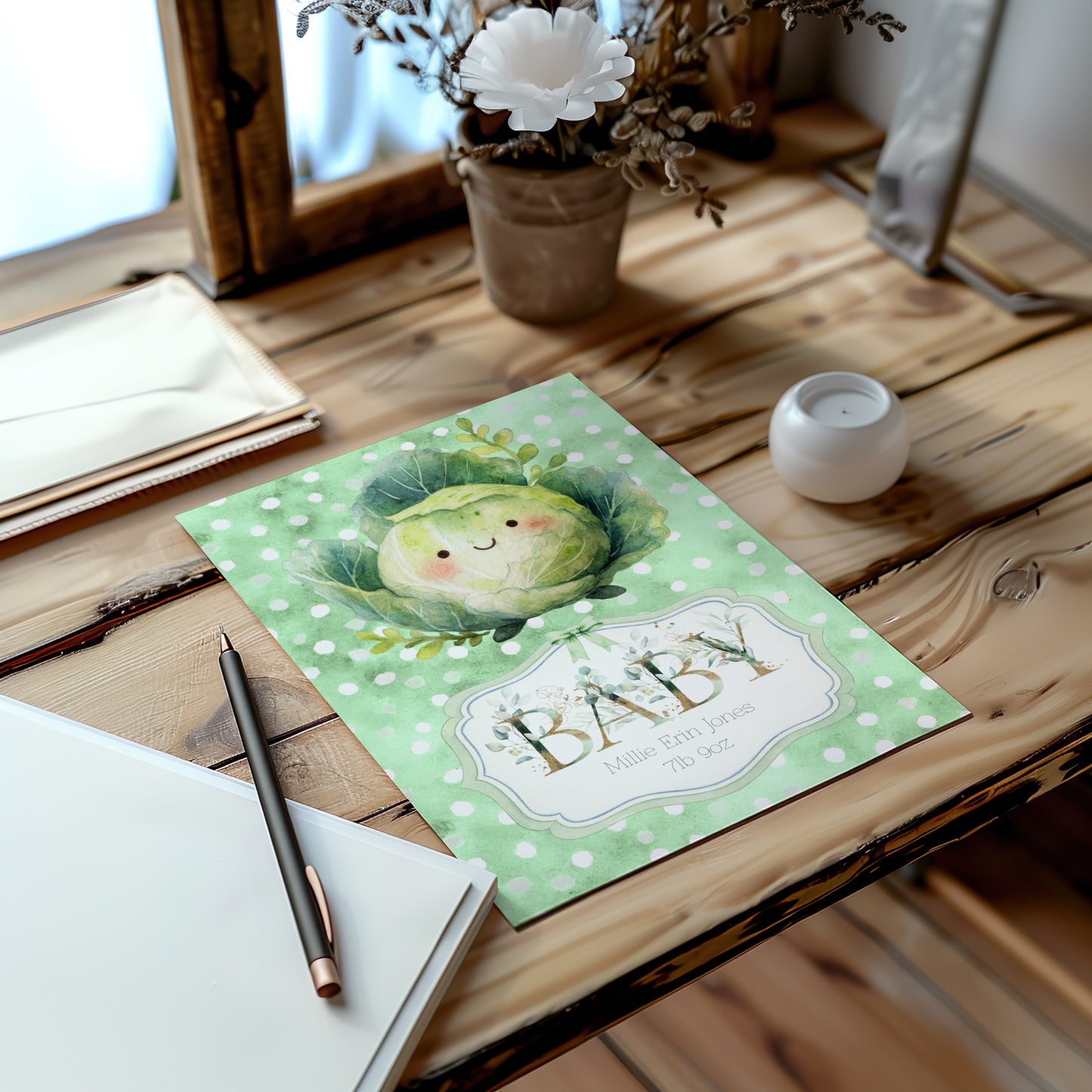 Personalised New Baby Greeting Card with Homegrown Cabbage A5