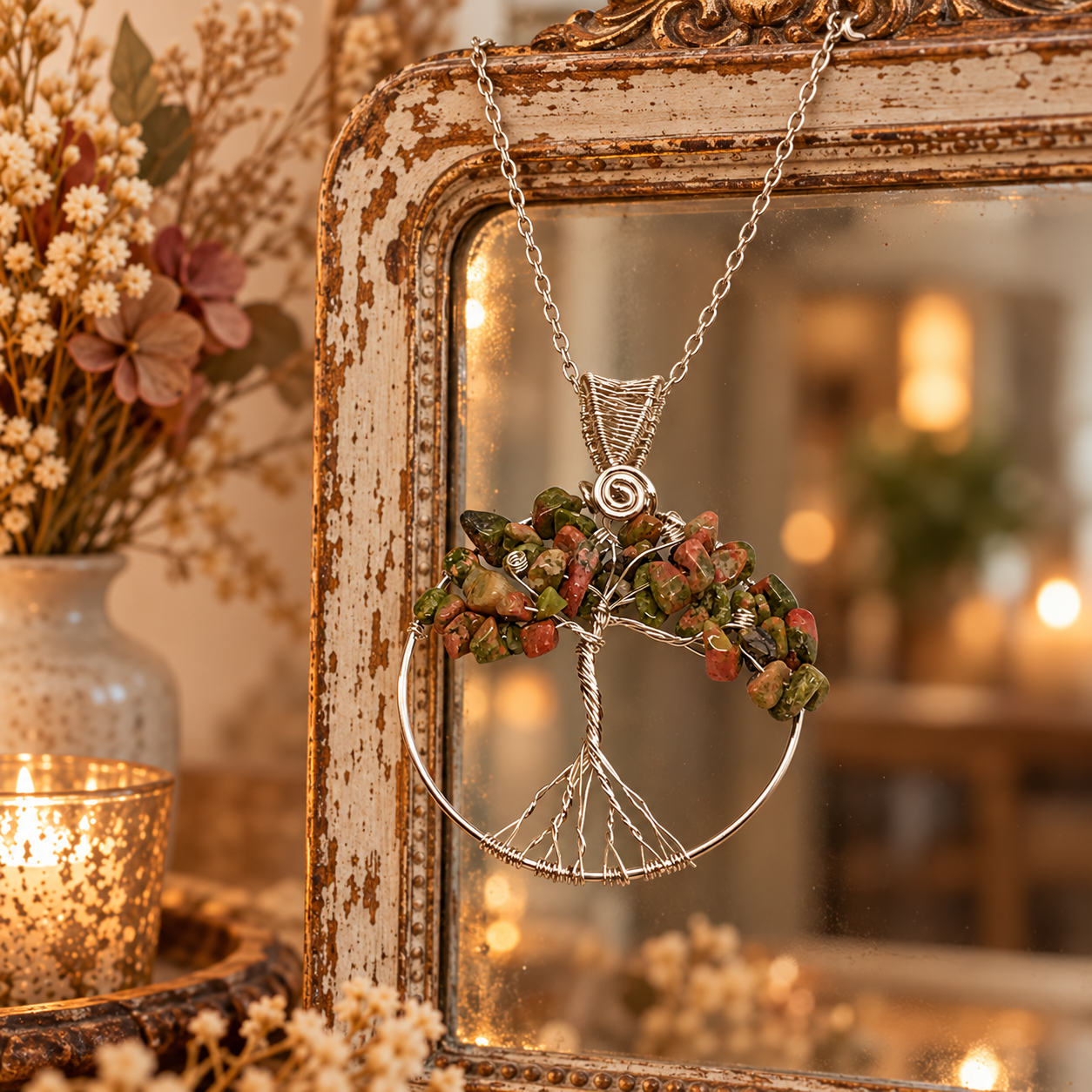 A silver-toned tree of life pendant necklace with green and terracotta faux-leaf accents, hanging in front of an ornate distressed mirror. The scene is styled with a candle, dried flowers, and a vase in a warm, cosy indoor setting.