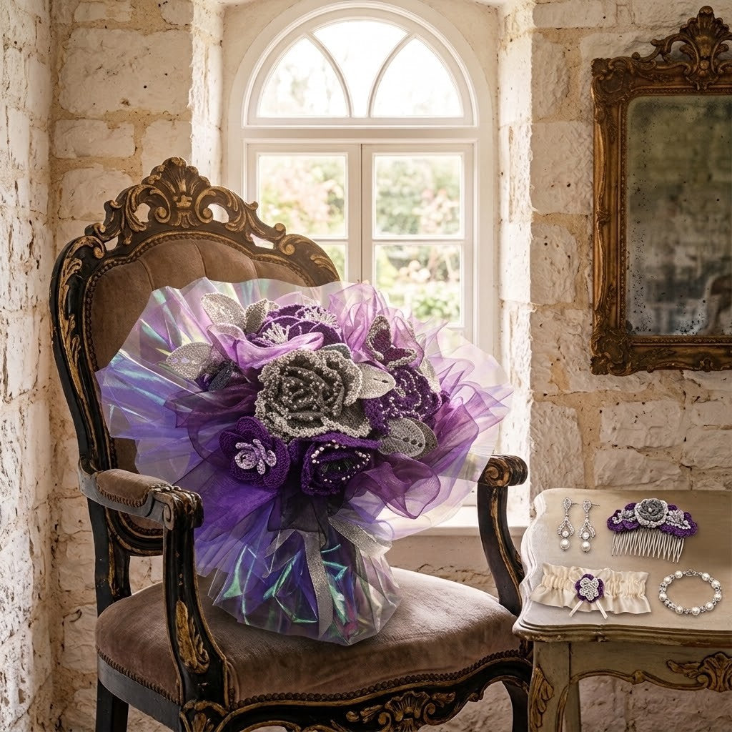 A decorative purple and silver flower bouquet wrapped in iridescent tulle sits on an ornate brown armchair in a vintage room. A small table beside the chair displays matching purple and silver hair accessories, including a comb, clips, and a pearl bracelet, against a stone wall and arched window background.
