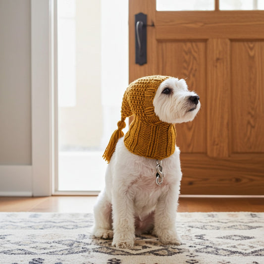 A small white dog wearing a mustard yellow knit pet hat with a tassel, sitting on a patterned rug in front of a wooden door.