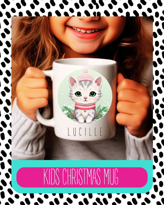 A child holding a white ceramic mug with a cute cat design and the name 'Lucille' printed on it, against a background with a leopard print pattern.