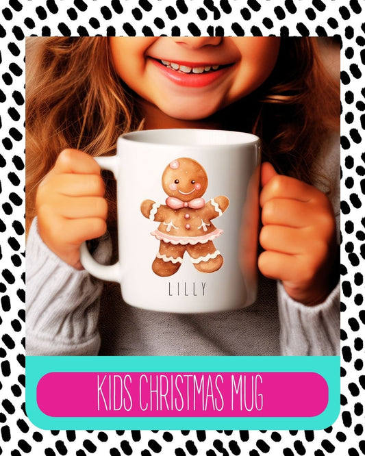 A child holding a white ceramic mug with a gingerbread man design and a custom name 'Lily' printed on it. The mug is shown with a leopard print background.