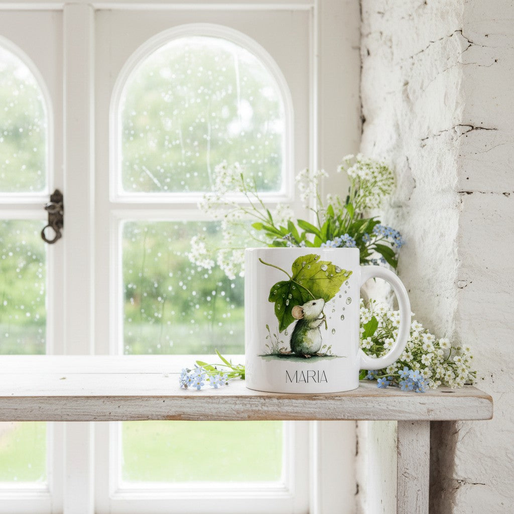 Mug with a design and name 'Maria' on a wooden surface near a window with flowers.