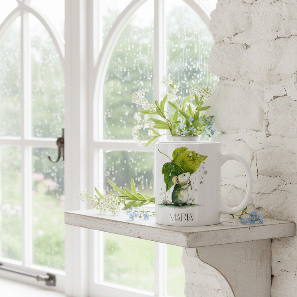 White mug with a design and name 'Maria' on a windowsill with plants