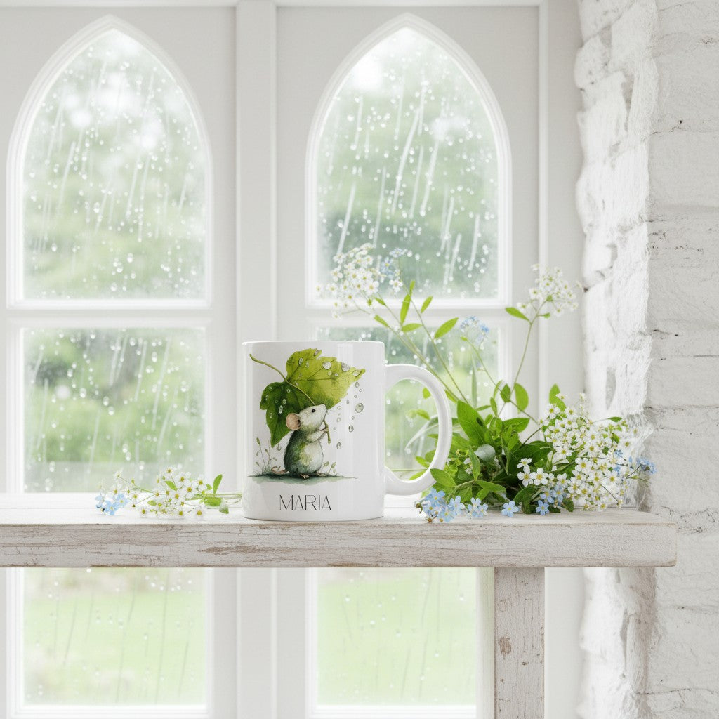 White mug with a green design and 'Maria' text on a windowsill with flowers and raindrops.