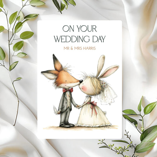 Wedding card with fox and rabbit illustration holding hands, text 'On Your Wedding Day', on a white fabric background with green leaves.