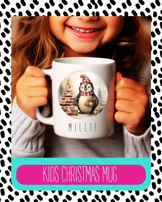 A child holding a white ceramic mug with a cute penguin design and the child's name 'Mille' on the mug.