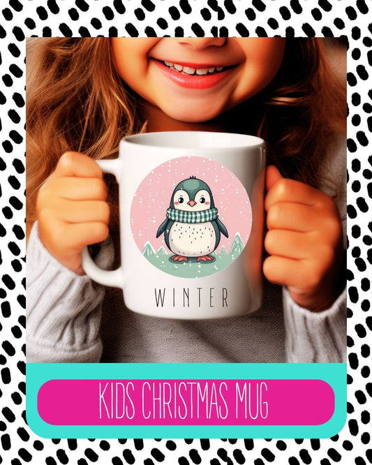 A child holding a white ceramic mug with a colourful design featuring a penguin and the text 'Winter Kids Christmas Mug'.