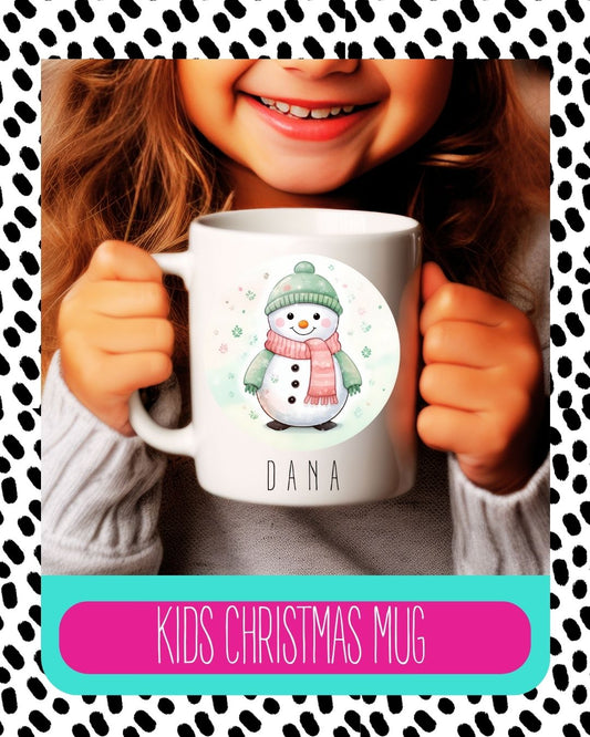 A ceramic mug with a cartoon snowman design, held by a child, with a space for personalisation 'Kids Christmas Mug'.