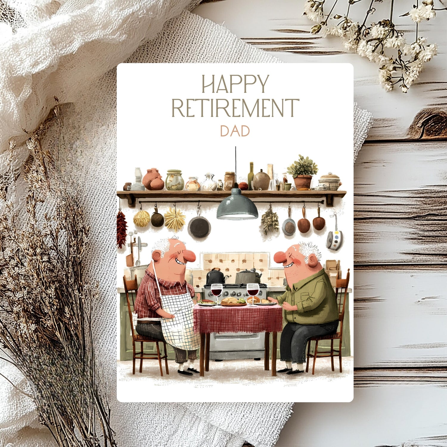 Cartoon illustration of two men in a kitchen with 'Happy Retirement Dad' text on a decorative card.
