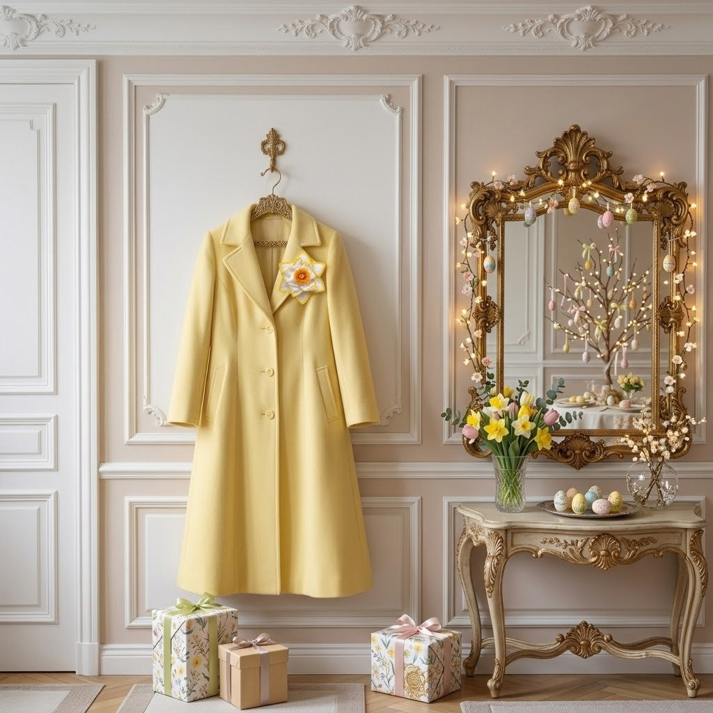 A pale yellow double-breasted coat hangs on a decorative wall hook in an elegant room. The coat has a small yellow and white floral brooch on the chest.
