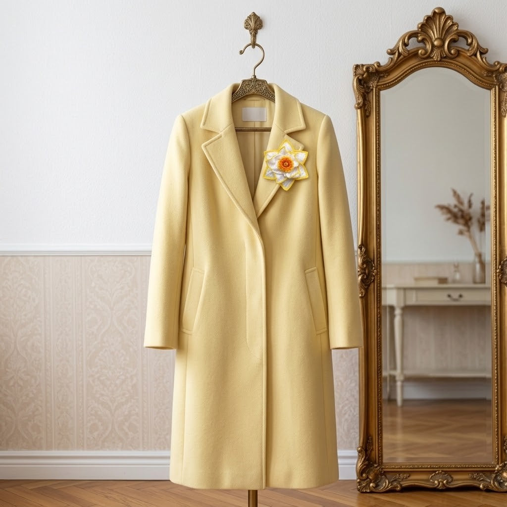 A pale yellow wool coat hangs on a wooden hanger against a white wall with patterned wallpaper. A decorative yellow and orange flower pin is pinned to the left lapel.