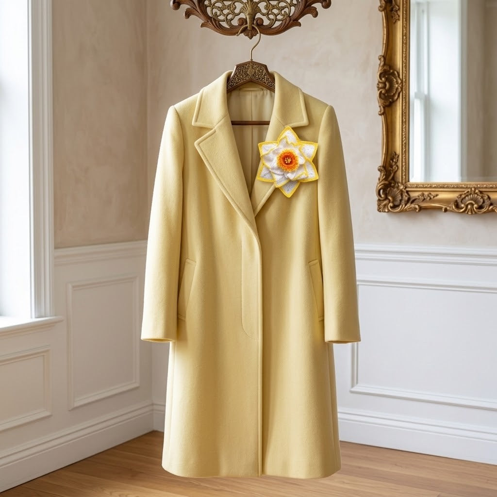 A pale yellow wool coat hangs on a wooden hanger against an elegant cream-coloured wall with white panelling and a gold mirror. A decorative yellow and white flower brooch is pinned to the left lapel of the coat.