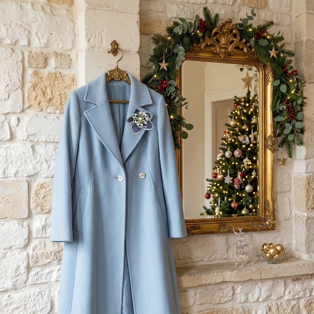 A light blue wool coat hangs on a gold hook against a white stone wall, styled with a decorative brooch. To the right, an ornate gold mirror reflects a decorated Christmas tree, framed by a green garland with red berries.