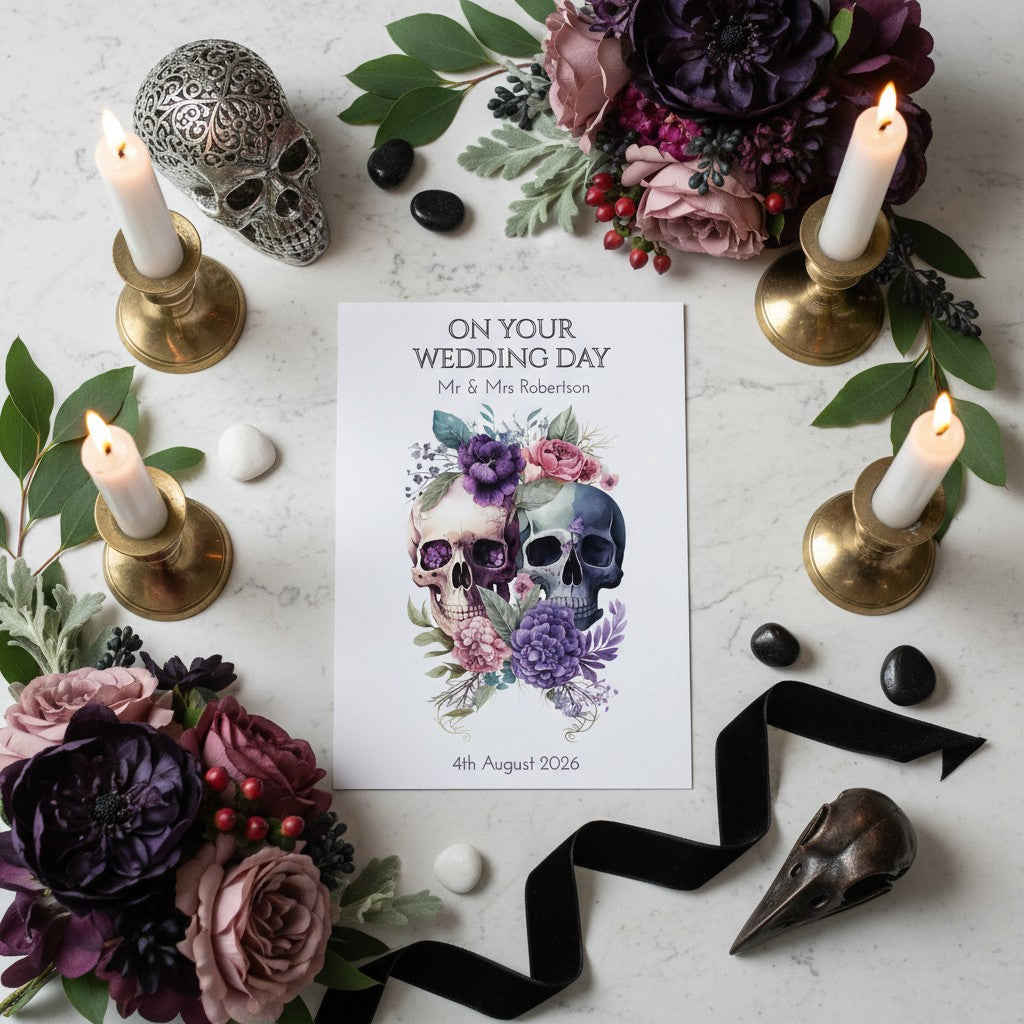 Staged wedding card with skull decorations and flowers.