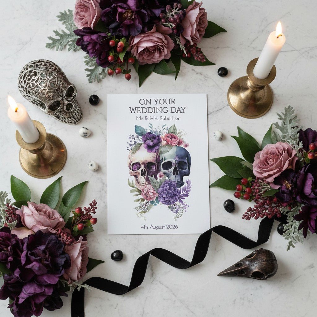 Flat view of a skull wedding card personalised with a name.
