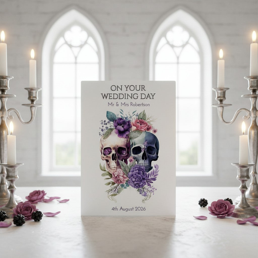 Wedding card with skulls and flowers in a church setting with candles and flowers.