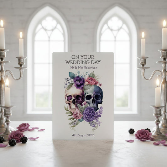 Wedding card with skulls and flowers in a church setting with candles and flowers.