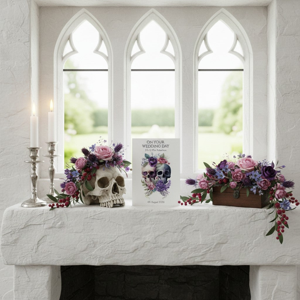 Dark romance wedding card on a fireplace mantle with skull and flowers.