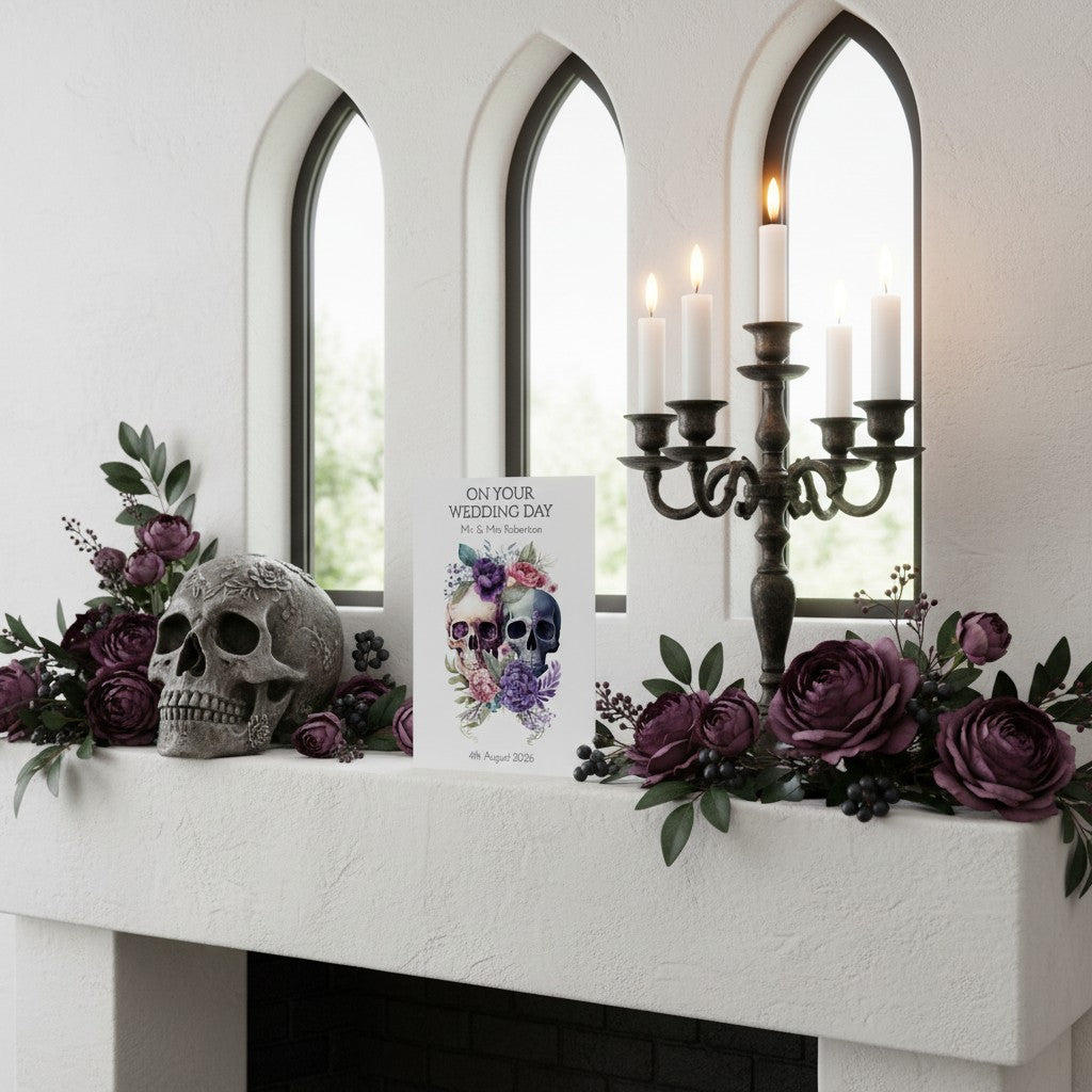 Angle view of a skull personalised wedding card with candle, skull and flowers.