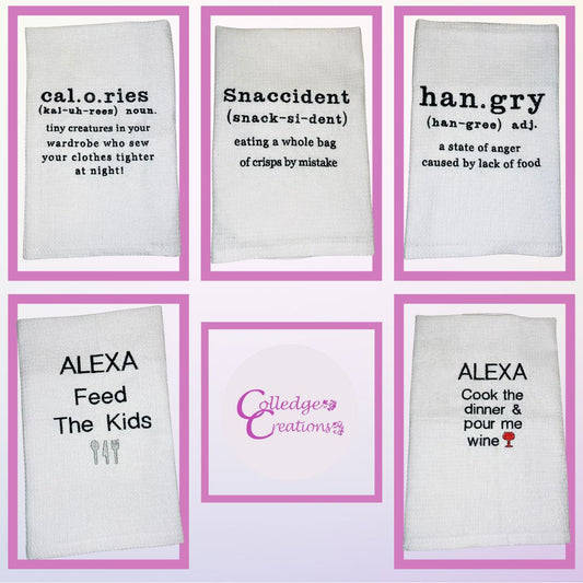 Image of the 5 custom options that are embroidered onto our custom tea towels