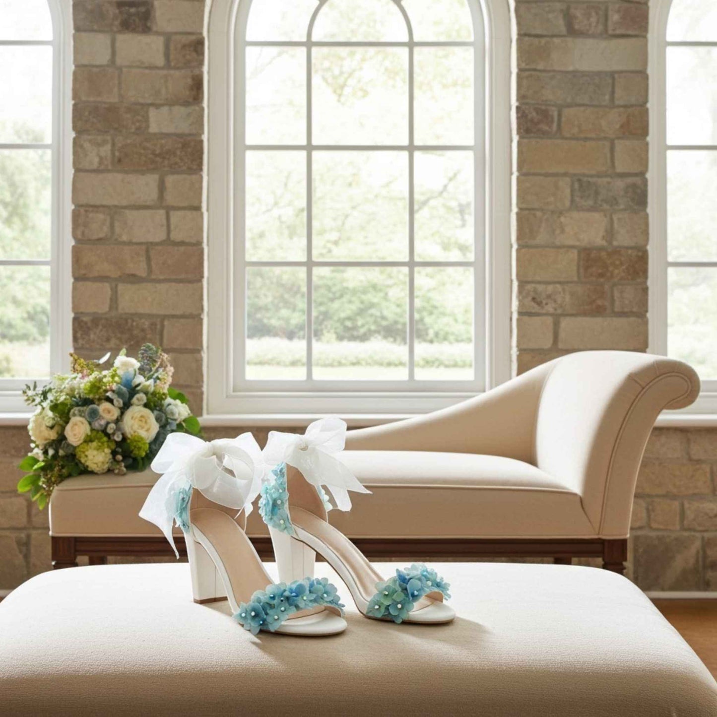 Ivory high-heeled shoes with floral decorations on a beige ottoman in a room with stone walls and large windows.