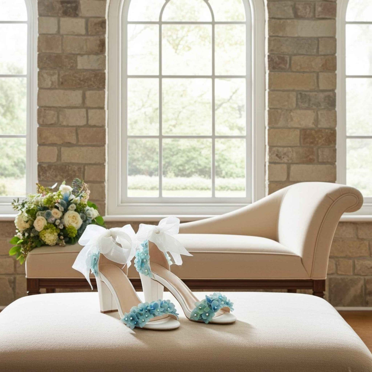 Ivory high-heeled shoes with floral decorations on a beige ottoman in a room with stone walls and large windows.