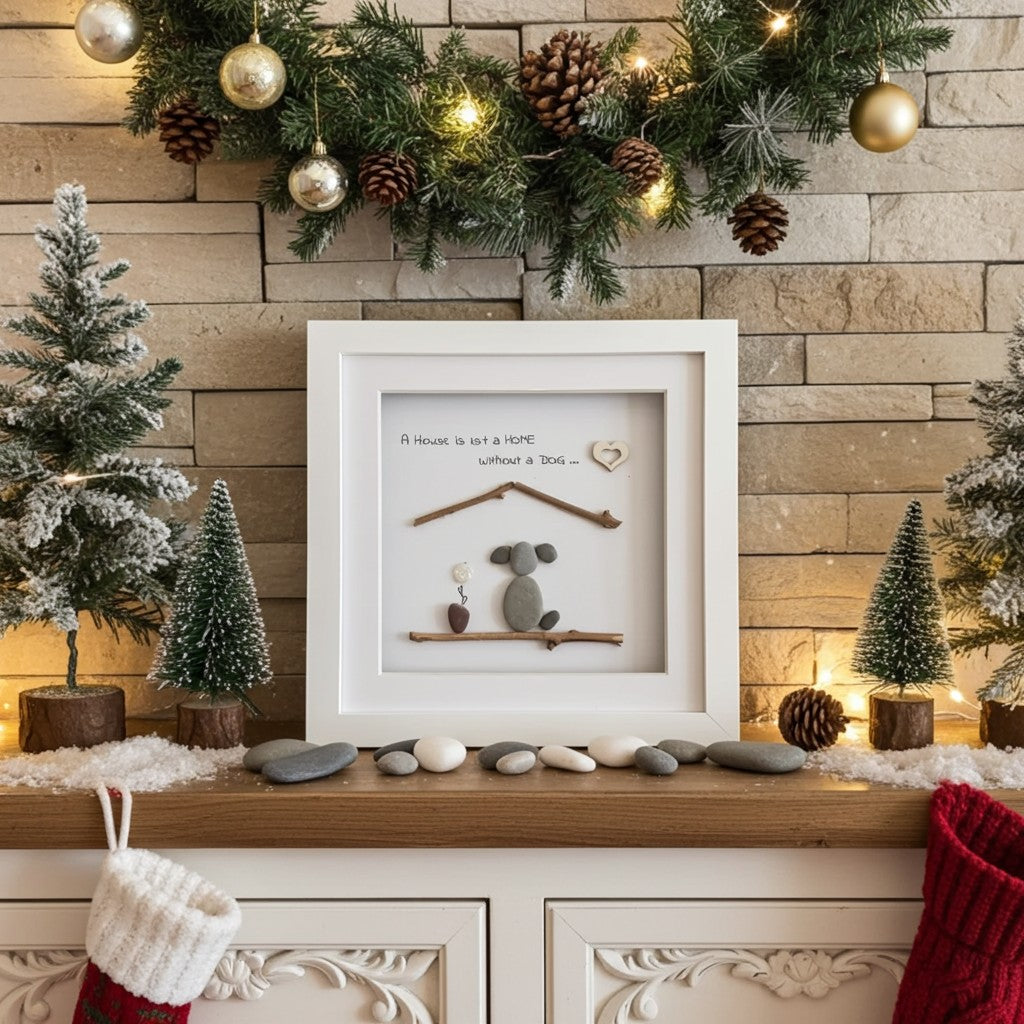 A framed personalised dog pebble art wall art piece displayed on a mantelpiece. The white square frame contains a small stone dog, branches, a heart, and the text 'A House is not a HOME without a DOG.