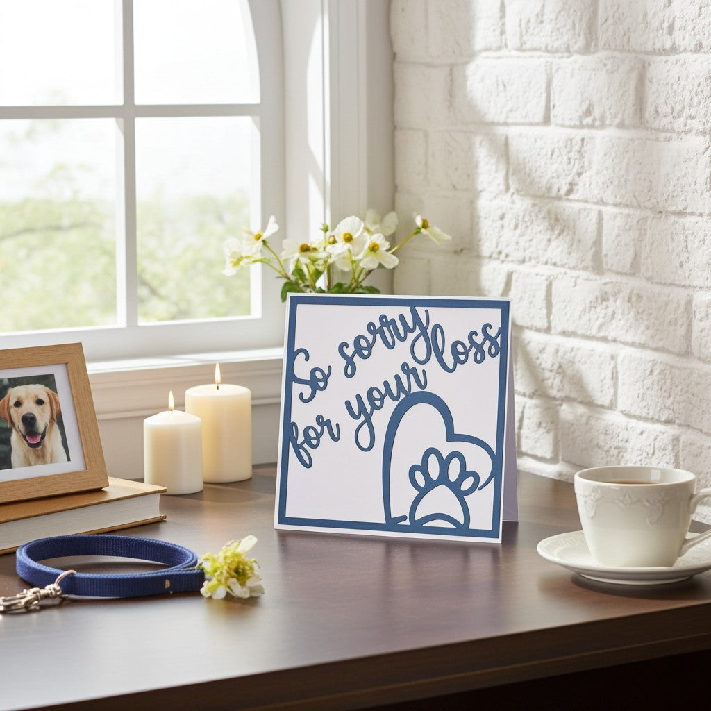 A square white memorial card with blue text reading 'So sorry for your loss' and a blue paw print outline, displayed on a wooden table in a bright room beside a window, candles, a dog photo frame, a blue collar, and a white cup.