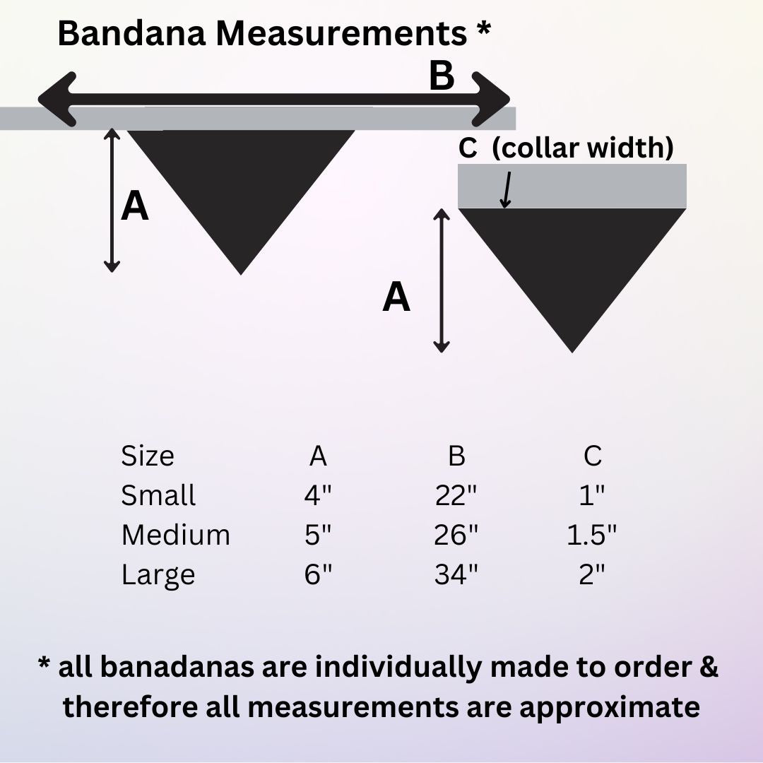 An image showing the measurements for the dog bandanas in small, medium and large
