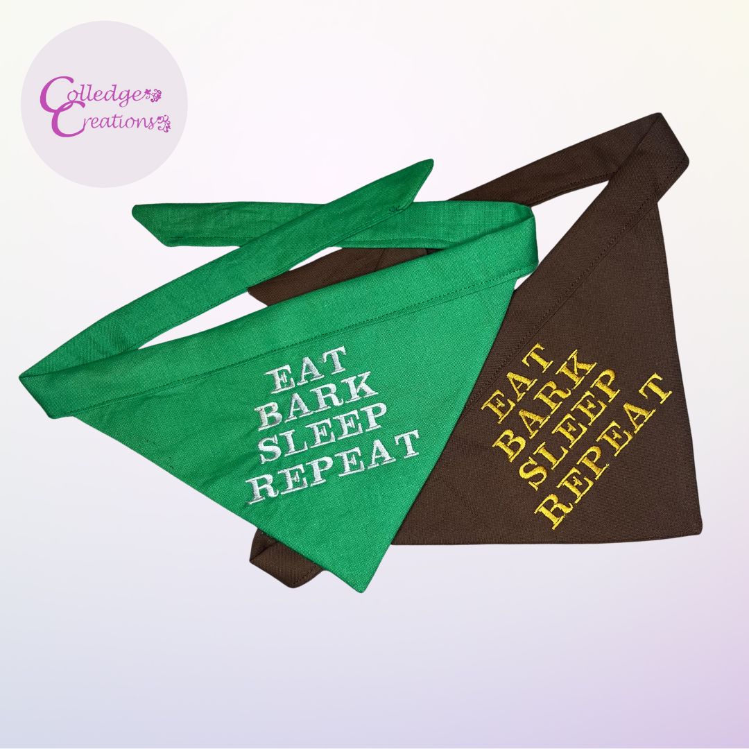 Two dog bandanas saying eat sleep bark repeat for a great novelty gift for your pet
