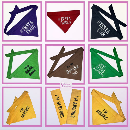 A collection of personalised dog bandanas and dog accessories for dog walking
